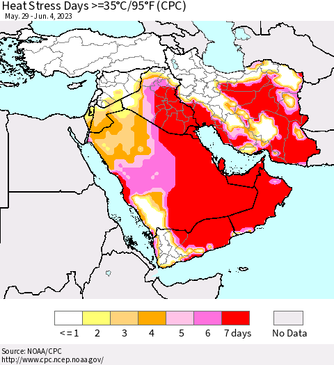 Middle East and Turkey Heat Stress Days >=35°C/95°F (CPC) Thematic Map For 5/29/2023 - 6/4/2023