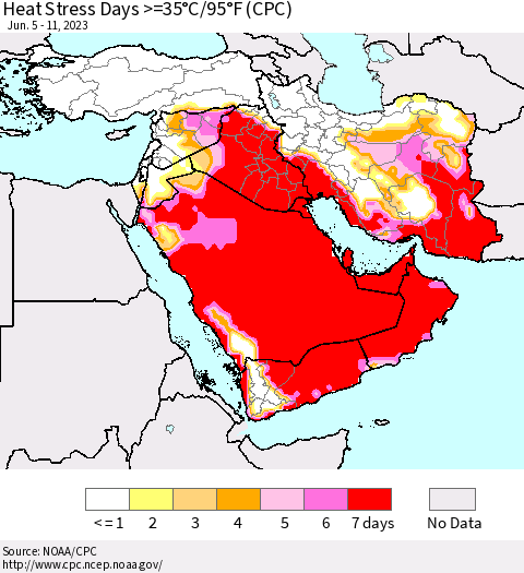 Middle East and Turkey Heat Stress Days >=35°C/95°F (CPC) Thematic Map For 6/5/2023 - 6/11/2023