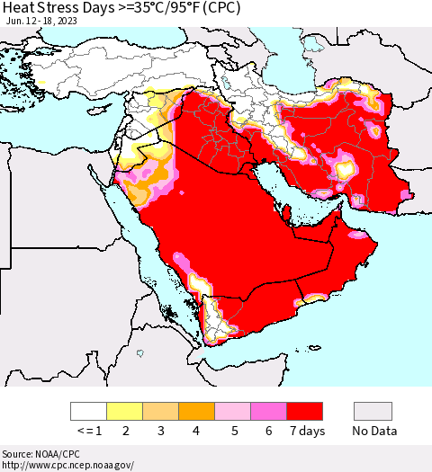 Middle East and Turkey Heat Stress Days >=35°C/95°F (CPC) Thematic Map For 6/12/2023 - 6/18/2023