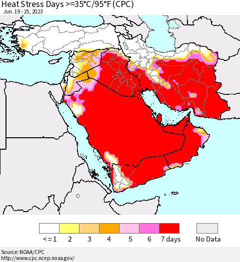 Middle East and Turkey Heat Stress Days >=35°C/95°F (CPC) Thematic Map For 6/19/2023 - 6/25/2023