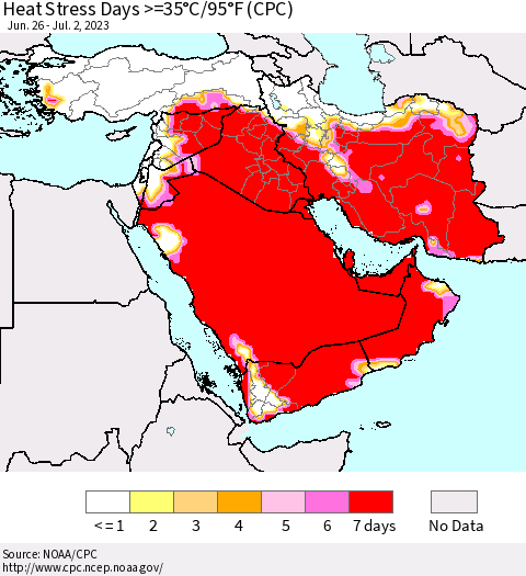 Middle East and Turkey Heat Stress Days >=35°C/95°F (CPC) Thematic Map For 6/26/2023 - 7/2/2023