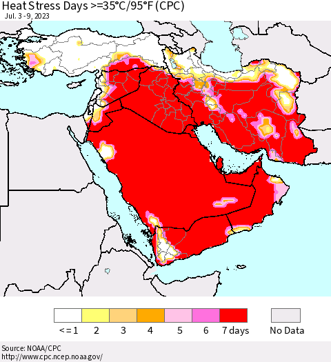 Middle East and Turkey Heat Stress Days >=35°C/95°F (CPC) Thematic Map For 7/3/2023 - 7/9/2023
