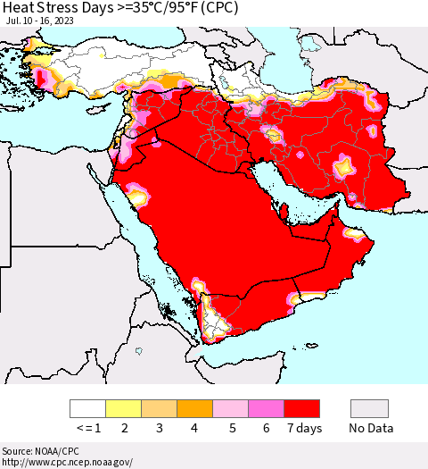 Middle East and Turkey Heat Stress Days >=35°C/95°F (CPC) Thematic Map For 7/10/2023 - 7/16/2023