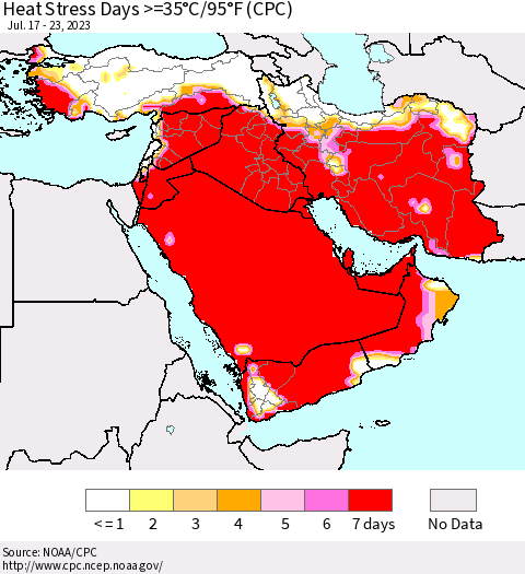 Middle East and Turkey Heat Stress Days >=35°C/95°F (CPC) Thematic Map For 7/17/2023 - 7/23/2023