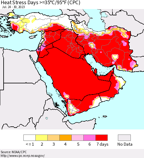 Middle East and Turkey Heat Stress Days >=35°C/95°F (CPC) Thematic Map For 7/24/2023 - 7/30/2023