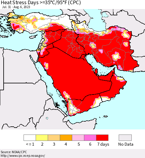 Middle East and Turkey Heat Stress Days >=35°C/95°F (CPC) Thematic Map For 7/31/2023 - 8/6/2023