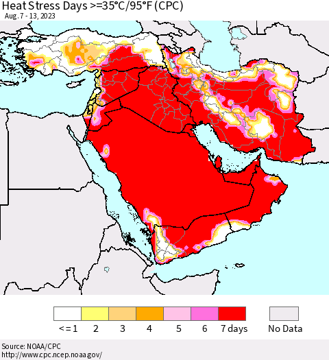Middle East and Turkey Heat Stress Days >=35°C/95°F (CPC) Thematic Map For 8/7/2023 - 8/13/2023