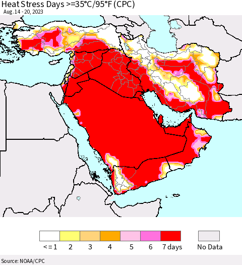 Middle East and Turkey Heat Stress Days >=35°C/95°F (CPC) Thematic Map For 8/14/2023 - 8/20/2023