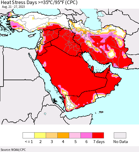 Middle East and Turkey Heat Stress Days >=35°C/95°F (CPC) Thematic Map For 8/21/2023 - 8/27/2023