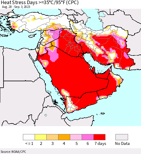 Middle East and Turkey Heat Stress Days >=35°C/95°F (CPC) Thematic Map For 8/28/2023 - 9/3/2023