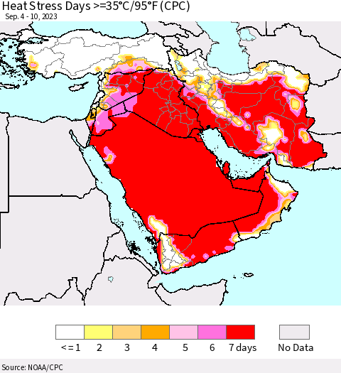 Middle East and Turkey Heat Stress Days >=35°C/95°F (CPC) Thematic Map For 9/4/2023 - 9/10/2023
