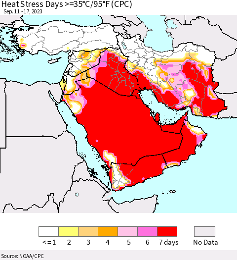 Middle East and Turkey Heat Stress Days >=35°C/95°F (CPC) Thematic Map For 9/11/2023 - 9/17/2023