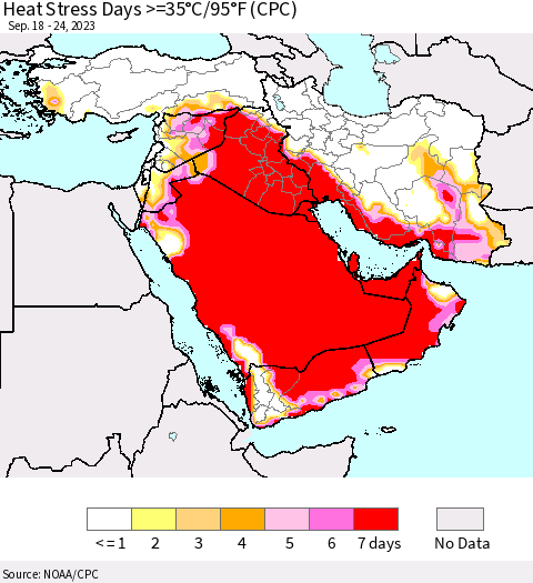 Middle East and Turkey Heat Stress Days >=35°C/95°F (CPC) Thematic Map For 9/18/2023 - 9/24/2023