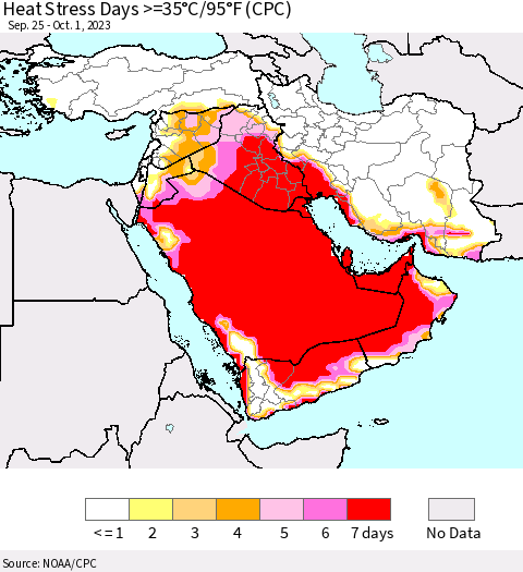 Middle East and Turkey Heat Stress Days >=35°C/95°F (CPC) Thematic Map For 9/25/2023 - 10/1/2023