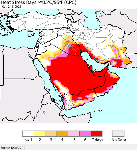 Middle East and Turkey Heat Stress Days >=35°C/95°F (CPC) Thematic Map For 10/2/2023 - 10/8/2023
