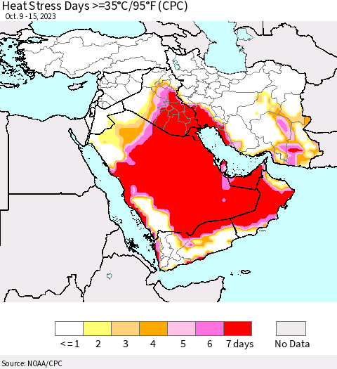 Middle East and Turkey Heat Stress Days >=35°C/95°F (CPC) Thematic Map For 10/9/2023 - 10/15/2023
