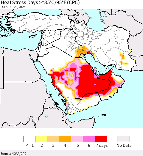 Middle East and Turkey Heat Stress Days >=35°C/95°F (CPC) Thematic Map For 10/16/2023 - 10/22/2023