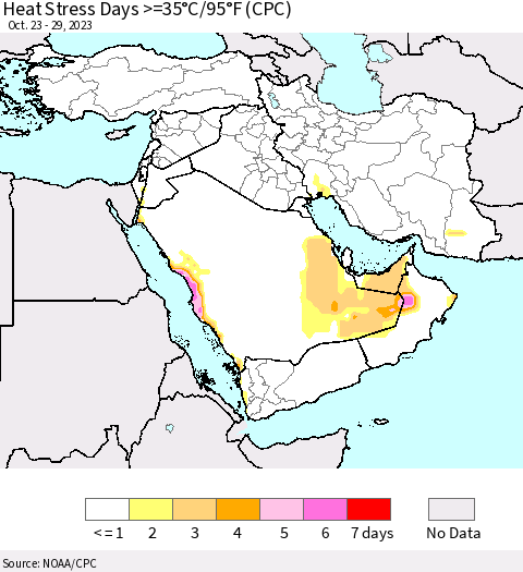 Middle East and Turkey Heat Stress Days >=35°C/95°F (CPC) Thematic Map For 10/23/2023 - 10/29/2023