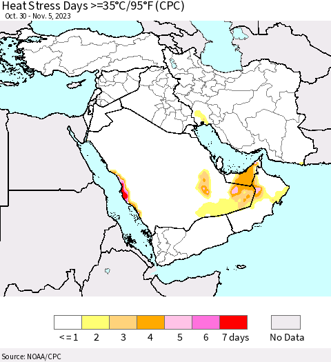 Middle East and Turkey Heat Stress Days >=35°C/95°F (CPC) Thematic Map For 10/30/2023 - 11/5/2023