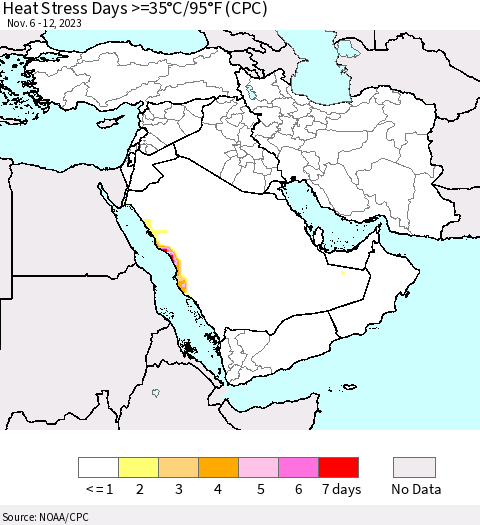 Middle East and Turkey Heat Stress Days >=35°C/95°F (CPC) Thematic Map For 11/6/2023 - 11/12/2023