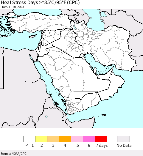 Middle East and Turkey Heat Stress Days >=35°C/95°F (CPC) Thematic Map For 12/4/2023 - 12/10/2023