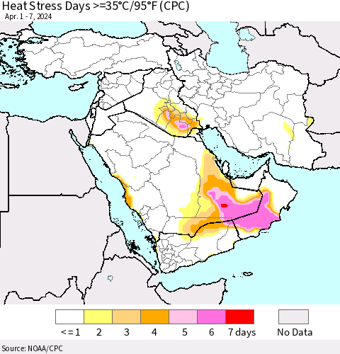 Middle East and Turkey Heat Stress Days >=35°C/95°F (CPC) Thematic Map For 4/1/2024 - 4/7/2024