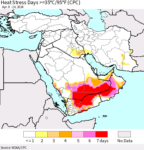 Middle East and Turkey Heat Stress Days >=35°C/95°F (CPC) Thematic Map For 4/8/2024 - 4/14/2024