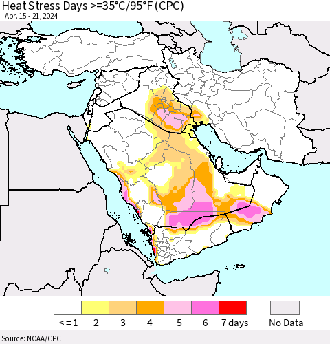 Middle East and Turkey Heat Stress Days >=35°C/95°F (CPC) Thematic Map For 4/15/2024 - 4/21/2024