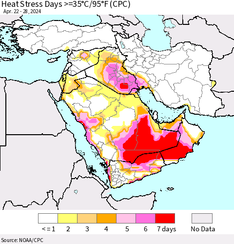 Middle East and Turkey Heat Stress Days >=35°C/95°F (CPC) Thematic Map For 4/22/2024 - 4/28/2024