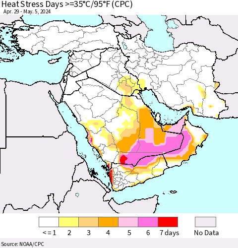 Middle East and Turkey Heat Stress Days >=35°C/95°F (CPC) Thematic Map For 4/29/2024 - 5/5/2024