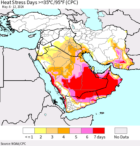Middle East and Turkey Heat Stress Days >=35°C/95°F (CPC) Thematic Map For 5/6/2024 - 5/12/2024