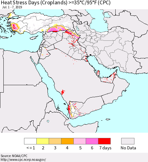Middle East and Turkey Heat Stress Days (Croplands) >=35°C/95°F (CPC) Thematic Map For 7/1/2019 - 7/7/2019