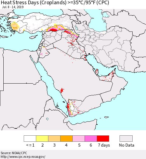 Middle East and Turkey Heat Stress Days (Croplands) >=35°C/95°F (CPC) Thematic Map For 7/8/2019 - 7/14/2019