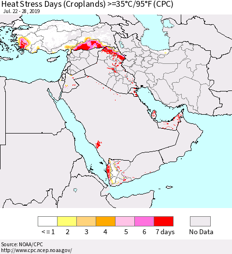Middle East and Turkey Heat Stress Days (Croplands) >=35°C/95°F (CPC) Thematic Map For 7/22/2019 - 7/28/2019