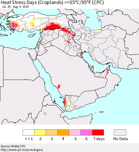 Middle East and Turkey Heat Stress Days (Croplands) >=35°C/95°F (CPC) Thematic Map For 7/29/2019 - 8/4/2019