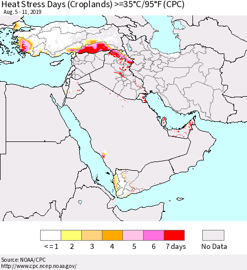 Middle East and Turkey Heat Stress Days (Croplands) >=35°C/95°F (CPC) Thematic Map For 8/5/2019 - 8/11/2019