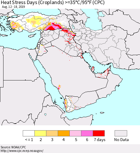 Middle East and Turkey Heat Stress Days (Croplands) >=35°C/95°F (CPC) Thematic Map For 8/12/2019 - 8/18/2019