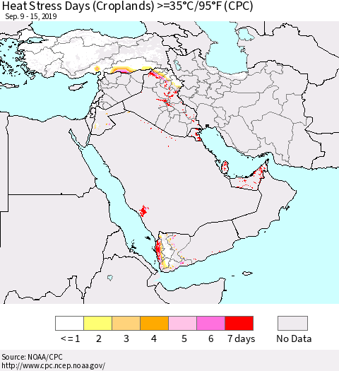Middle East and Turkey Heat Stress Days (Croplands) >=35°C/95°F (CPC) Thematic Map For 9/9/2019 - 9/15/2019