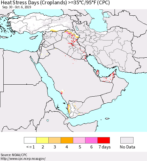 Middle East and Turkey Heat Stress Days (Croplands) >=35°C/95°F (CPC) Thematic Map For 9/30/2019 - 10/6/2019