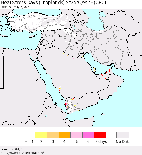 Middle East and Turkey Heat Stress Days (Croplands) >=35°C/95°F (CPC) Thematic Map For 4/27/2020 - 5/3/2020