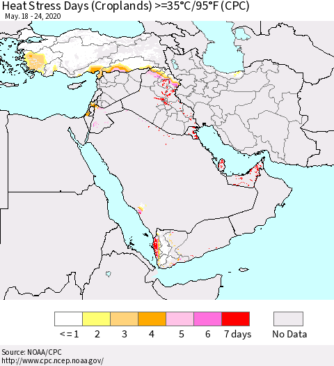 Middle East and Turkey Heat Stress Days (Croplands) >=35°C/95°F (CPC) Thematic Map For 5/18/2020 - 5/24/2020