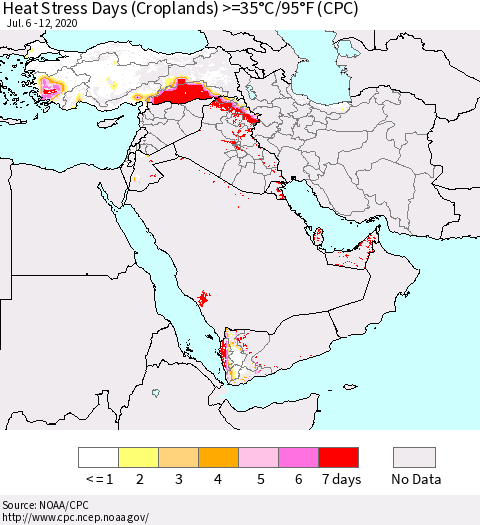 Middle East and Turkey Heat Stress Days (Croplands) >=35°C/95°F (CPC) Thematic Map For 7/6/2020 - 7/12/2020