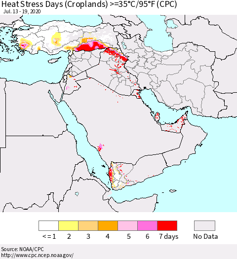 Middle East and Turkey Heat Stress Days (Croplands) >=35°C/95°F (CPC) Thematic Map For 7/13/2020 - 7/19/2020