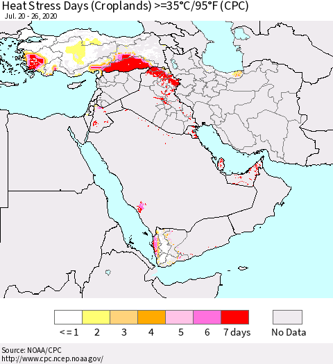 Middle East and Turkey Heat Stress Days (Croplands) >=35°C/95°F (CPC) Thematic Map For 7/20/2020 - 7/26/2020