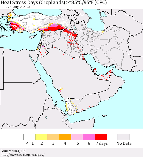 Middle East and Turkey Heat Stress Days (Croplands) >=35°C/95°F (CPC) Thematic Map For 7/27/2020 - 8/2/2020