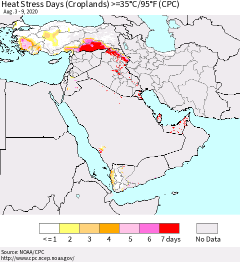 Middle East and Turkey Heat Stress Days (Croplands) >=35°C/95°F (CPC) Thematic Map For 8/3/2020 - 8/9/2020