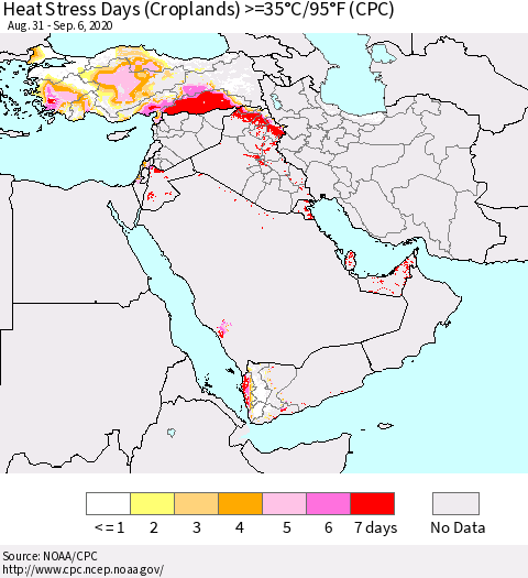 Middle East and Turkey Heat Stress Days (Croplands) >=35°C/95°F (CPC) Thematic Map For 8/31/2020 - 9/6/2020
