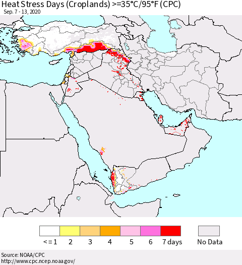Middle East and Turkey Heat Stress Days (Croplands) >=35°C/95°F (CPC) Thematic Map For 9/7/2020 - 9/13/2020