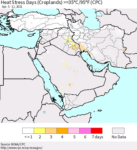 Middle East and Turkey Heat Stress Days (Croplands) >=35°C/95°F (CPC) Thematic Map For 4/5/2021 - 4/11/2021