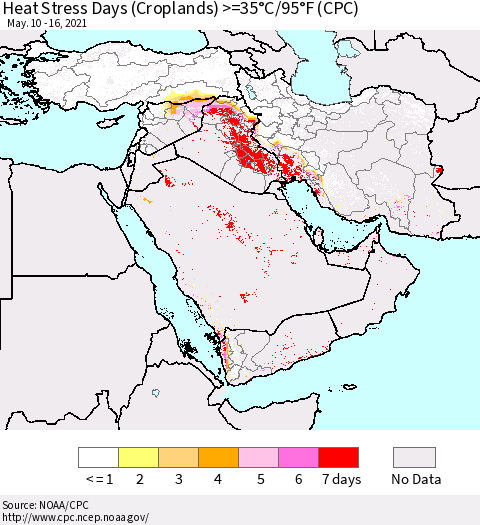 Middle East and Turkey Heat Stress Days (Croplands) >=35°C/95°F (CPC) Thematic Map For 5/10/2021 - 5/16/2021